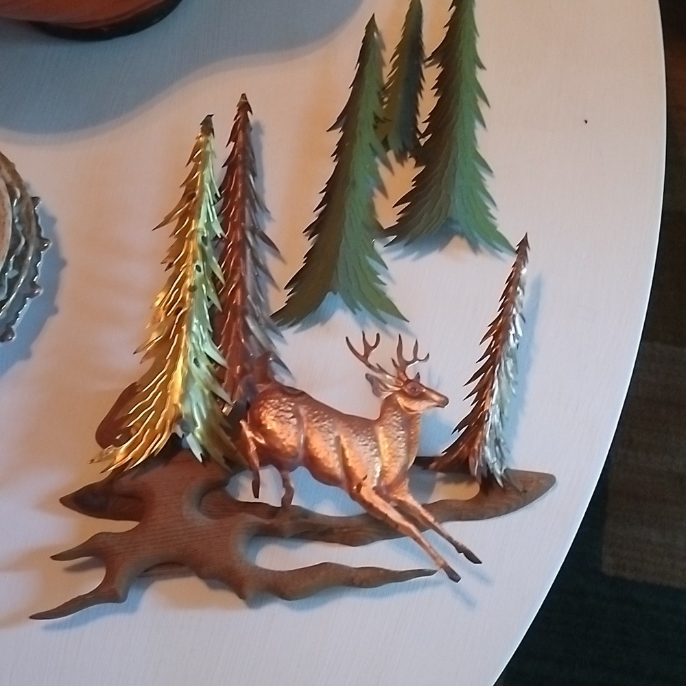 JERE Style MCM Wood Brass Copper Metal DEER TREES WALL ART Hanging 15x15”. 79SC2